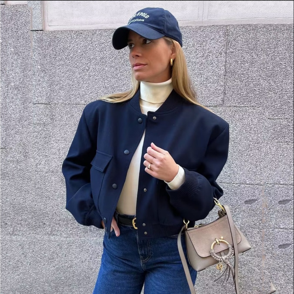 79. influencer blue Bomber Jacket Cropped Fitted Coat button down with pockets - Picture 3 of 8